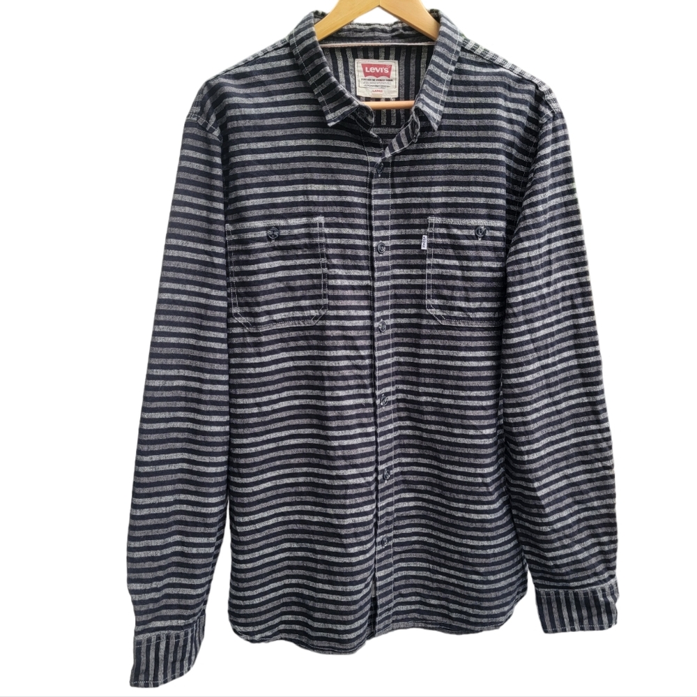 Levi’s Men’s Abbey Linen Blend Button Up Shirt Striped Black Gray Long S…